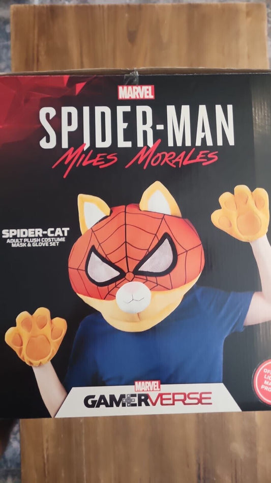 Miles Morales Spider-Man Spider-Cat Adult Plush Costume Mask Glove Broken box